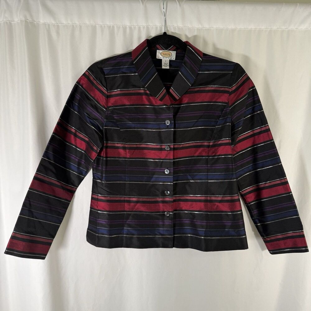 Talbots Silk Blend Blouse Women's 2 Black Red Striped Button Up 3/4 Sleeve